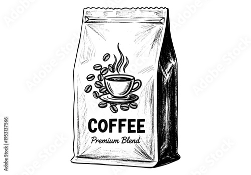 Hand-drawn sketch of a coffee bag with beans and a steaming cup, premium blend label