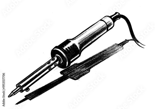 Sketch of a soldering iron with its tip and power cord on a white background