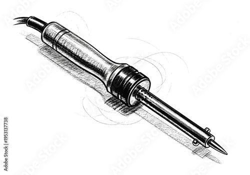Detailed sketch of a soldering iron with a pointed tip and a black handle on a white background