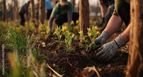 Community members planting flowers and trees in a park during sunset.