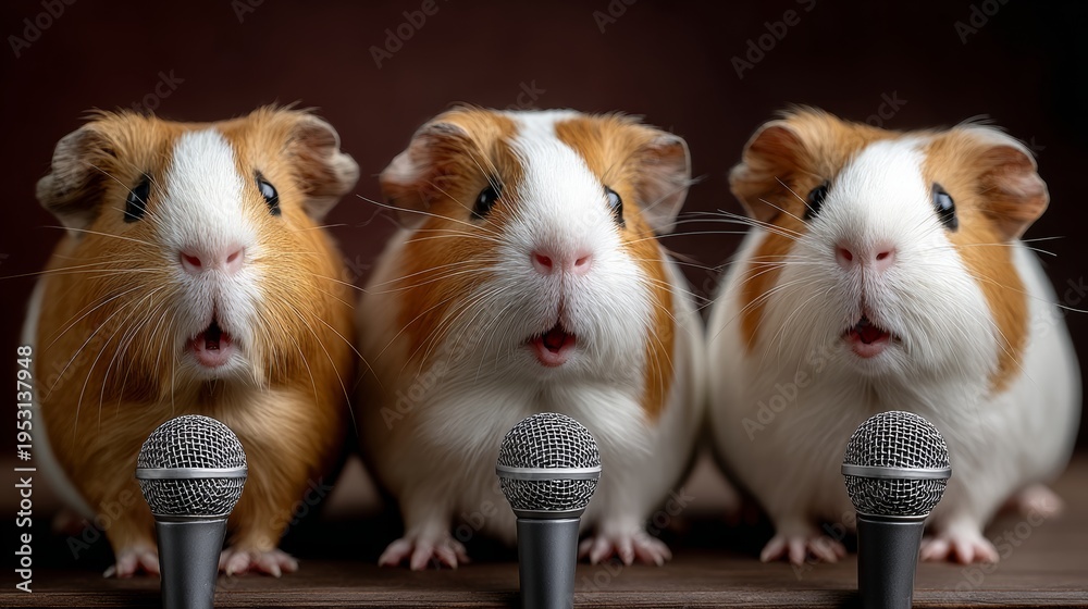 Naklejka premium Three guinea pigs sit before microphones, mouths open as if singing. Their wide eyes and relaxed postures show playful curiosity. Ideal for music, comedy, or pet-related content