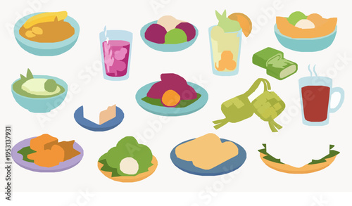 Indonesian traditional Ramadan iftar foods and drinks colorful vector collection isolated on white