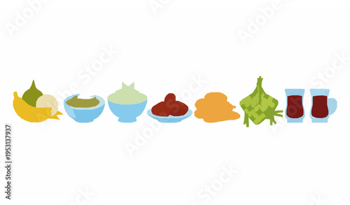 Traditional Indonesian Ramadan iftar food and drinks collection flat vector isolated on white