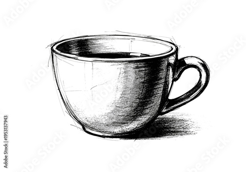 Hand-drawn sketch of a coffee cup filled with dark liquid, isolated on white background