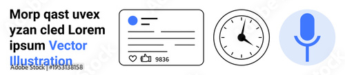 Social media, multimedia content, digital communication, online engagement, time tracking, voice recording. Illustrated card with thumbs ups, clock and microphone icon. Social media and multimedia