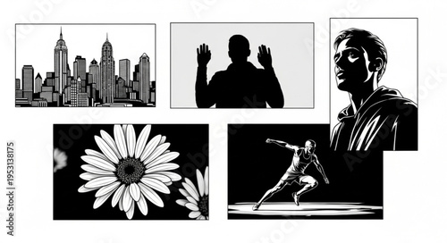 Black and white city life.