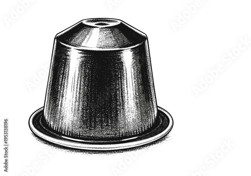 Detailed black and white illustration of a single coffee capsule on a white background