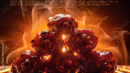 Glazed chicken wings, stacked pyramid with flames and smoke, barbecue background, symbolizing spicy food and fiery passion