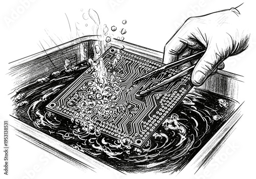Close-up illustration of a circuit board being cleaned in a bubbly liquid with tweezers