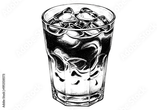 Hand drawn illustration of a tall glass filled with ice cubes and a dark beverage
