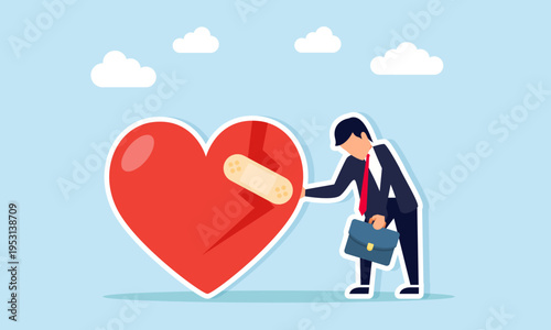 Sad businessman leaning on broken heart icon illustration of failure to attract target market interest