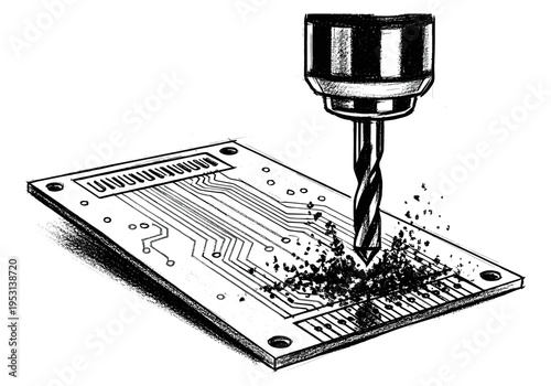 Drill bit precisely creating holes in a printed circuit board with debris flying