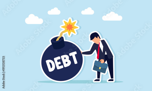 Sad businessman leaning on bomb labeled debt illustration of confusion in efforts to repay business obligations