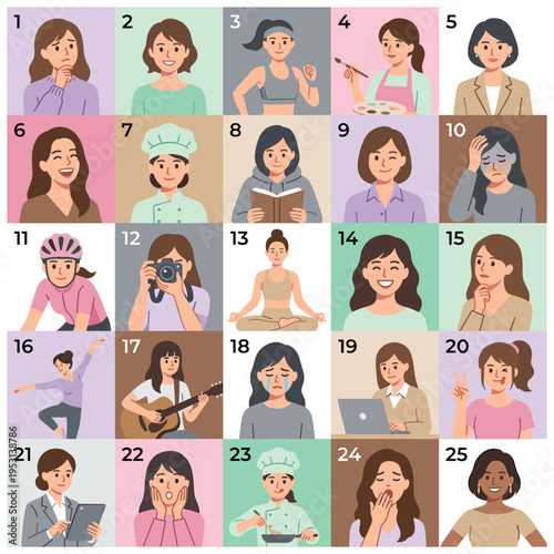 Numbered female character icons collection for profile and lifestyle