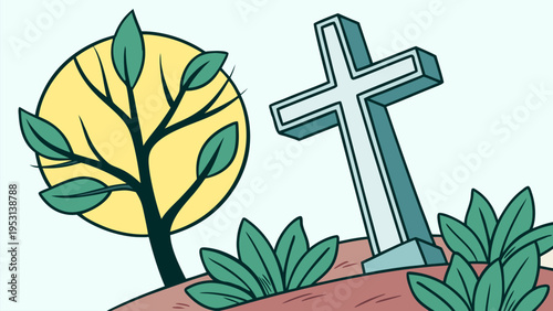 Minimal nature leaves with cross symbol in flat style, perfect for spiritual themes, eco design, religious concepts, and natural lifestyle illustrations.