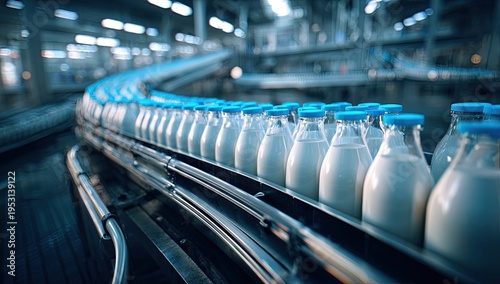 Automated Milk Bottling Production Line in a Modern Dairy Factory.
