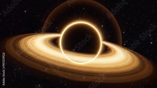 Glowing black hole, detailed visual of accretion disk and rings, set against a starry space background, symbolizing cosmic power and mystery, rotating shot.