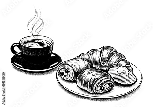 Black and white illustration of a steaming cup of coffee next to a plate of croissants and pain au chocolat