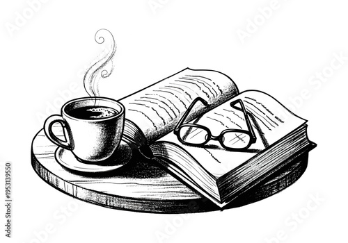 Cozy morning scene with a steaming cup of coffee and an open book with reading glasses