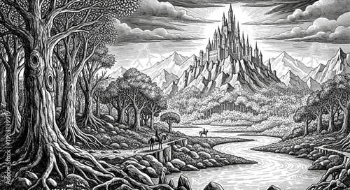 Black and white fantasy landscape.