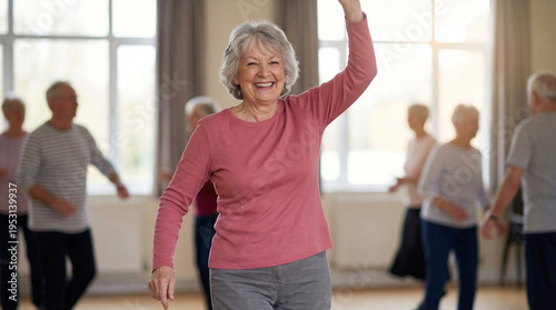 Wallpaper Mural Happy senior woman dancing in a fitness class with other elderly people in the background Torontodigital.ca
