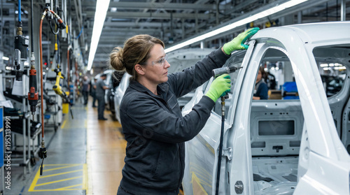 Wallpaper Mural Female automotive worker using electric drill to assemble car body frame on assembly line in modern car factory Torontodigital.ca