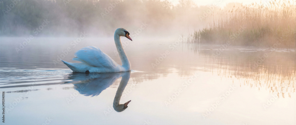 Obraz premium A graceful white swan swimming on a calm, misty lake during a serene sunrise with soft light and reflection