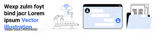 Automation, communication, file management, digital networks, artificial intelligence, data processing. Robot arm, chat interface binary file. Automation and communication