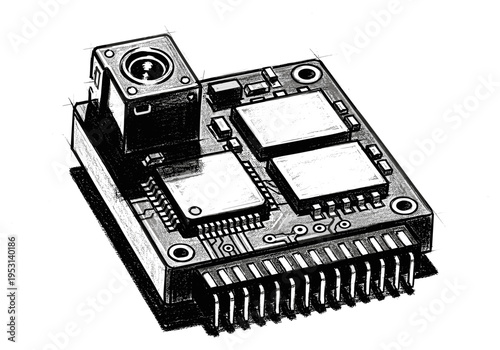 Detailed sketch of a compact electronic circuit board with integrated chips and connectors