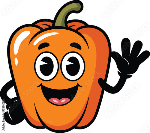 Cheerful Cartoon Orange Bell Pepper Waving, Concept of Healthy Nutrition, Organic Garden Produce, Vibrant Wellness, Playful Food Education, and Vegan Mascot Vector Illustration