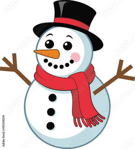 Cheerful Cartoon Snowman with Top Hat and Red Scarf, Concept of Winter Festivities, Holiday Cheer, Seasonal Character Design, and Whimsical Snow Magic Vector Illustration