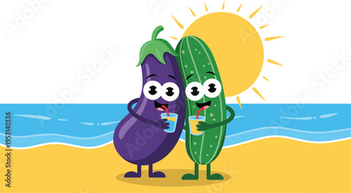 Cute Cartoon Eggplant and Cucumber on a Sunny Beach, Concept of Healthy Summer Nutrition, Seasonal Wellness, Playful Refreshment, and Vibrant Holiday Leisure Vector Illustration