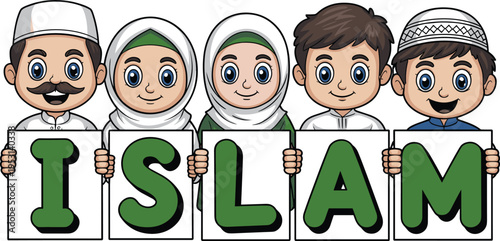 Cheerful Group of Muslim Characters Holding Signs Spelling "ISLAM," Concept of Religious Identity, Cultural Unity, Islamic Faith Pride, and Inclusive Community Vector Illustration