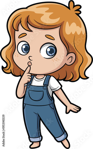 Cute Cartoon Girl in Denim Overalls with Finger to Lips, Concept of Childhood Curiosity, Quiet Thought, Innocent Wonder, and Early Learning Character Vector Illustration