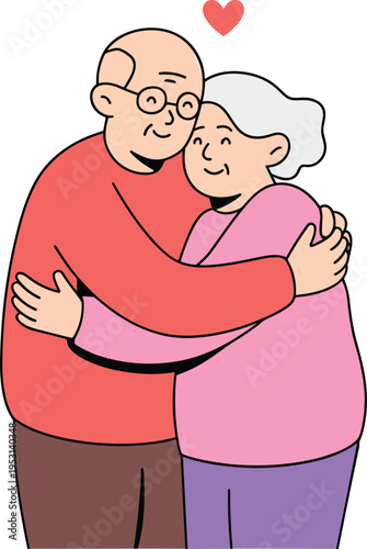 Elderly Couple Embracing with Heart Symbol, Concept of Lifelong Companionship, Enduring Romantic Love, Emotional Intimacy, Peaceful Connection, and Senior Relationship Wellness Vector Illustration