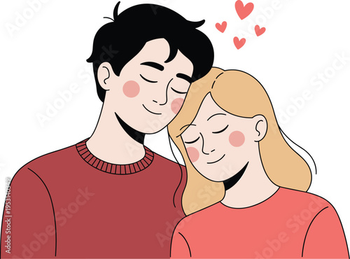 Gentle Couple Embracing with Floating Hearts, Concept of Romantic Love, Emotional Intimacy, Peaceful Connection, Young Couple Bonding, and Relationship Wellness Vector Illustration
