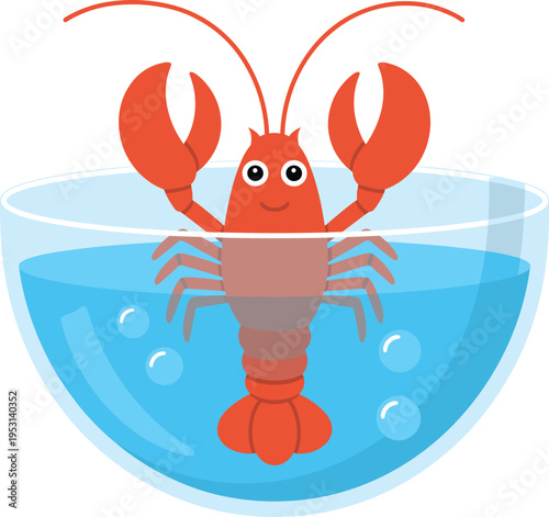Friendly Cartoon Lobster in a Glass Bowl of Water, Concept of Sustainable Aquaculture, Marine Biology, Seafood Cultivation, and Healthy Aquatic Ecosystems Vector Illustration