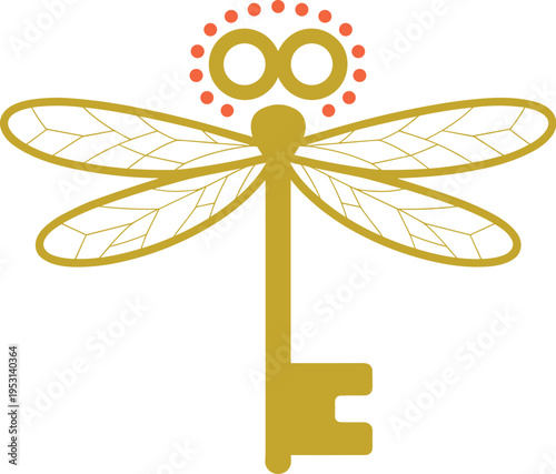 Golden Dragonfly Skeleton Key with Radiating Crown Icon, Concept of Unlocking Knowledge, Metaphysical Discovery, Visionary Transformation, Secret Wisdom, and Personal Growth Vector Illustration