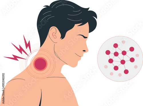 Man with Neck Pain and Cellular Inflammation Inset, Concept of Musculoskeletal Strain, Physiotherapy Diagnostics, Acute Cervical Distress, and Medical Wellness Vector Illustration