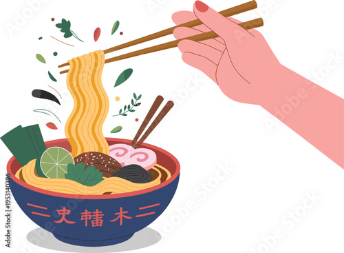 Hand Lifting Ramen Noodles with Chopsticks from a Bowl, Concept of Traditional East Asian Cuisine, Gourmet Culinary Arts, Authentic Global Dining, and Artisan Food Preparation Vector Illustration
