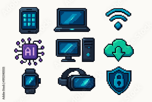 Pixel art icons representing modern technology and digital concepts in a grid layout