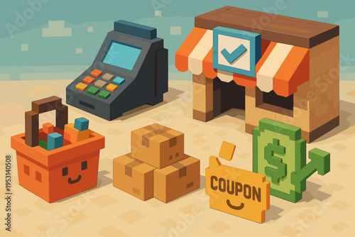 Pixel art shopping icons: cash register, store, basket, boxes, coupon, and money