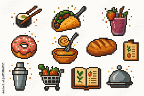 Pixel art food icons collection: sushi, taco, smoothie, donut, soup, bread, and more