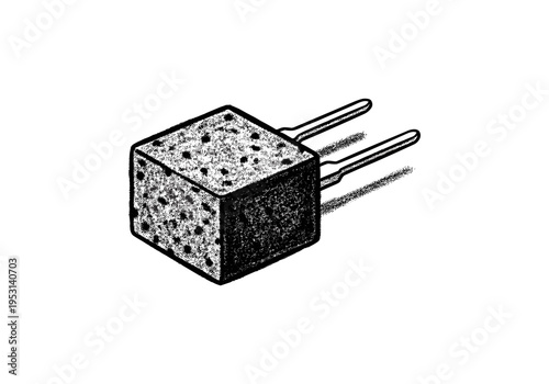 Close-up isometric illustration of a cube-shaped electronic component with two leads