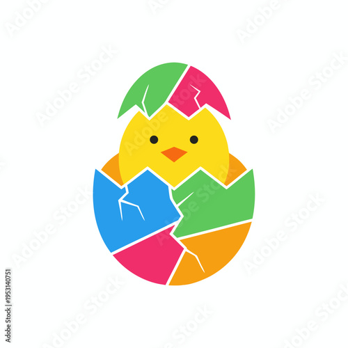 Cute yellow baby chick hatching from a colorful mosaic cracked eggshell cartoon illustration on white background