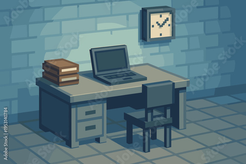 Pixel art office scene with desk, laptop, books, chair, and clock on brick wall
