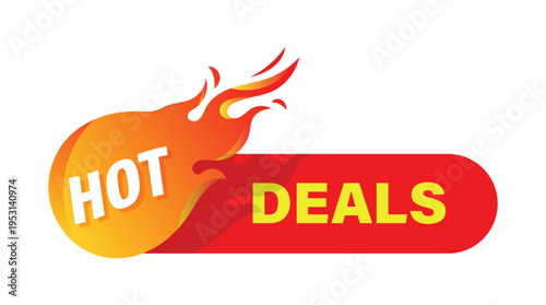 Vibrant hot deals promo label with fire flame element for retail marketing and ecommerce sales