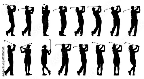 diverse male and female golfers captured in dynamic action showcasing various stages of their golf swing ideal for sports content.