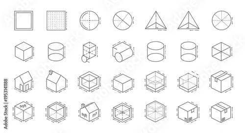 line art icons illustrating geometric shapes and objects with dimension measurements representing space area and volume.