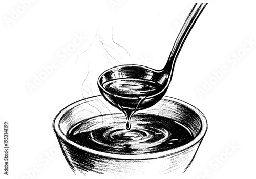 Hand-drawn illustration of a ladle pouring dark liquid into a bowl with steam rising